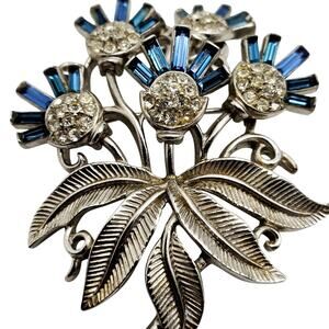 50s Trifari Thistle Brooch Radiance Blue Baguette Silver Pin Bouquet Bling Retro